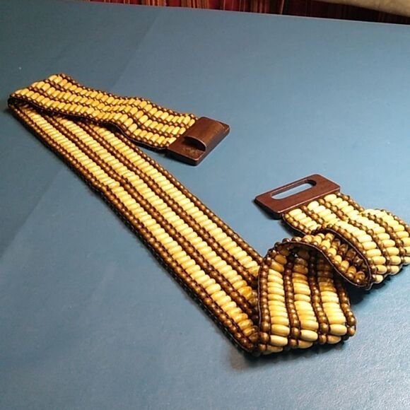 Brown and Tan Beaded Women's Beaded Stretch Corset Belt Boho Cottagecore - Picture 2 of 6